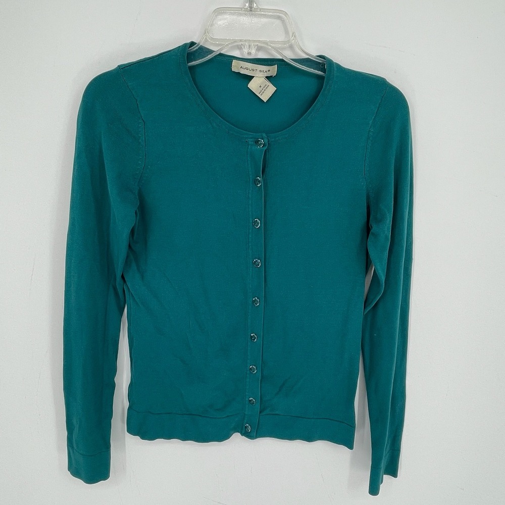 August Silk Women's Teal Silk Blend Button Front Office Cardigan Sweater Size M